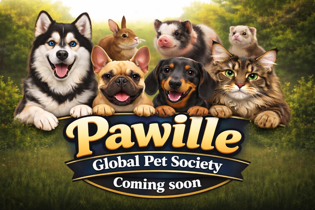 Pawille - Global Pet Society: A cheerful group of pets featuring dogs, a cat, and small animals under the Pawille logo.
